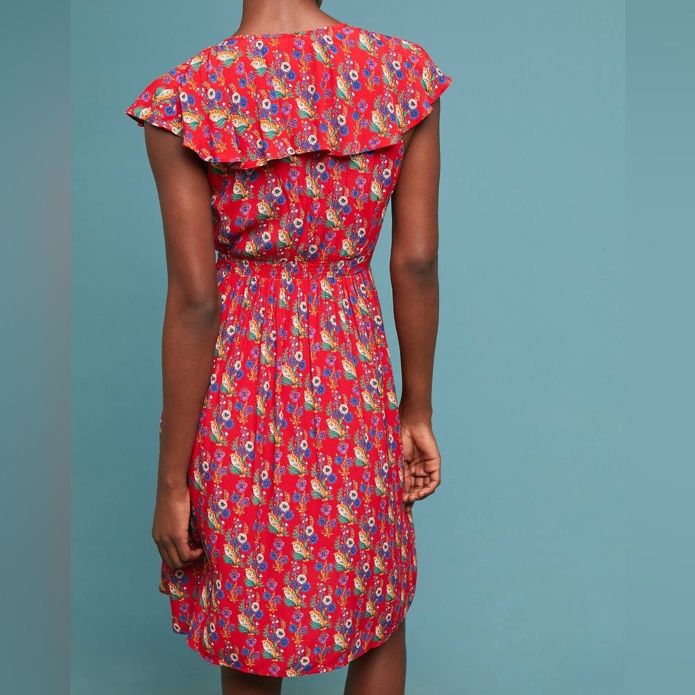 Anthropologie Maeve Rosalia Red Floral Faux Wrap Ruffle Dress - Size 0 - Picture 2 of 10